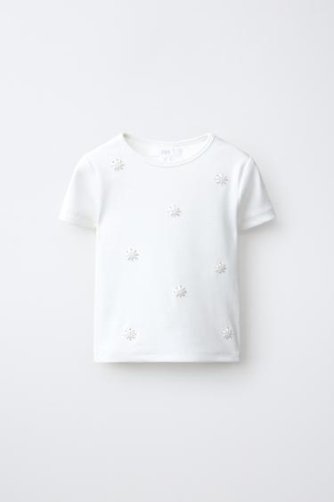 BEADED EMBROIDERED RIB T-SHIRT — White 1