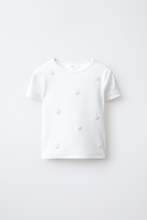 Zara BEADED EMBROIDERED RIB T-SHIRT - White - Image 0