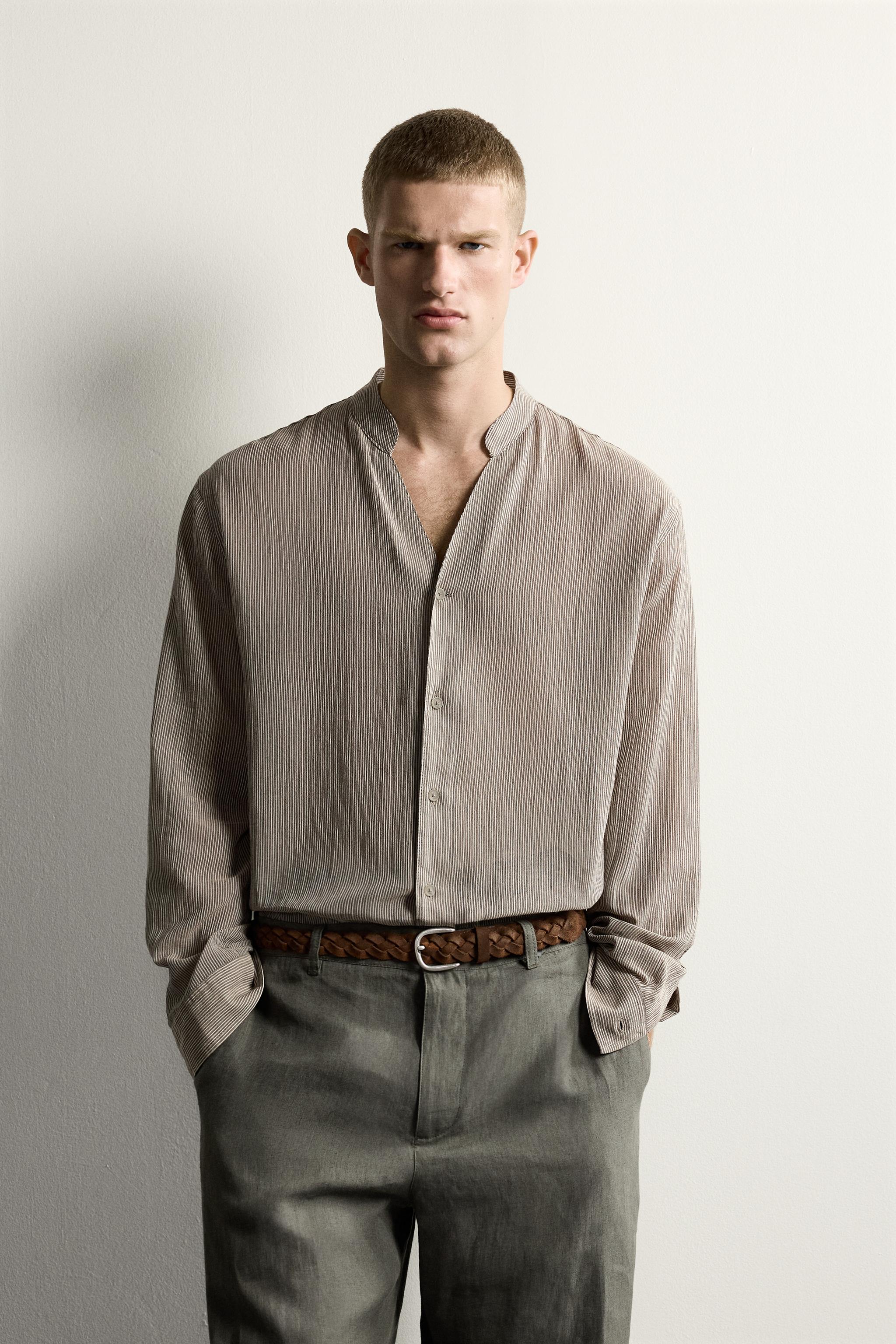 RELAXED FIT FLOWY SHIRT — Brown Stripes