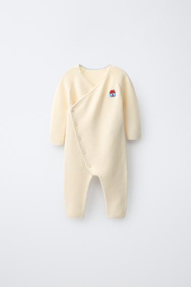 Zara EMBROIDERED HOUSE KNIT JUMPSUIT - Ecru