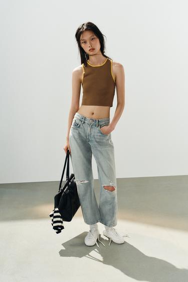 CONTRAST PIPED KNIT CROP TOP - Light beige by Zara
