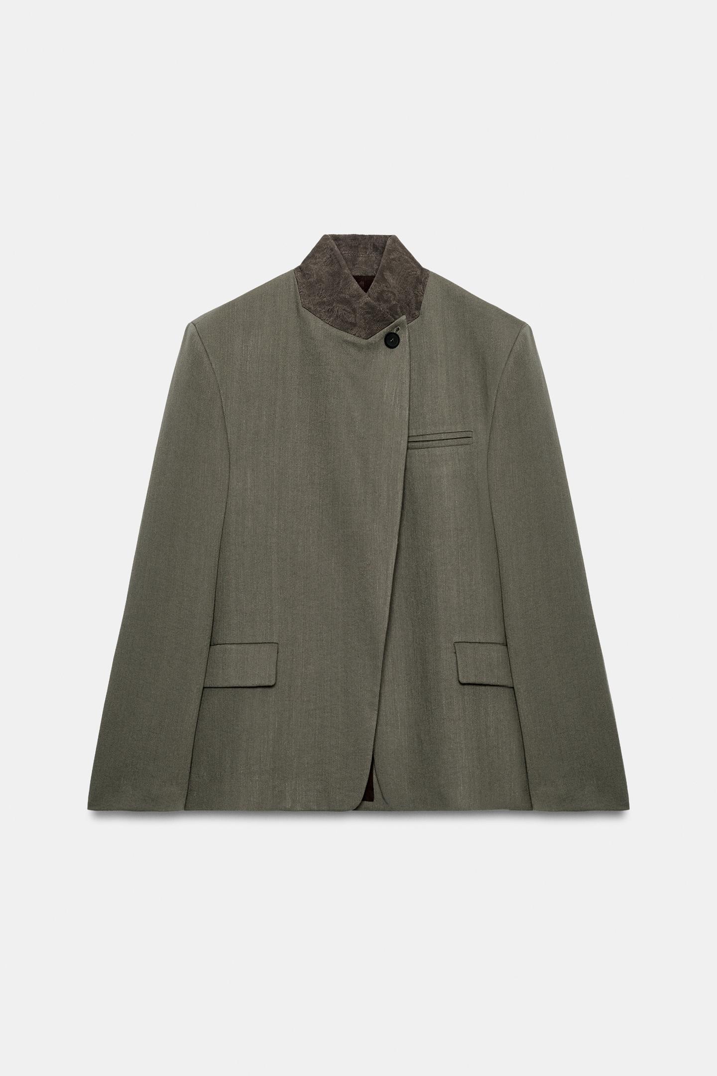 Женский пиджак Zara ZW Collection Contrast Collar, цвет: Серый / Рыжевато-коричневый — фото 3