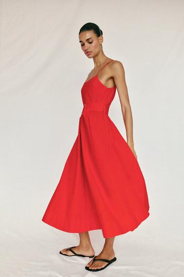 POPLIN MIDI DRESS WITH BELT - Red by Zara - Image 4