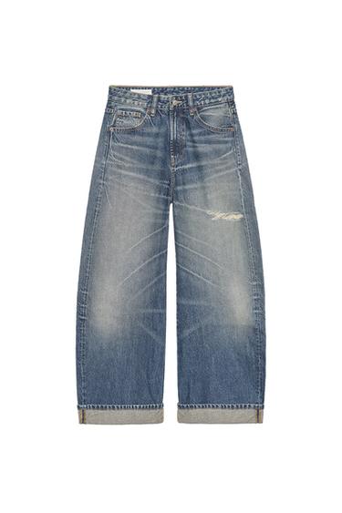 Zara TRF RIPPED MID-RISE FOLDED BAGGY JEANS - Navy blue