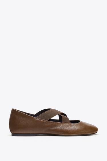 LEATHER BALLERINAS WITH CROSSED ELASTICATED STRAPS - Chocolate Brown by Zara - Image 0