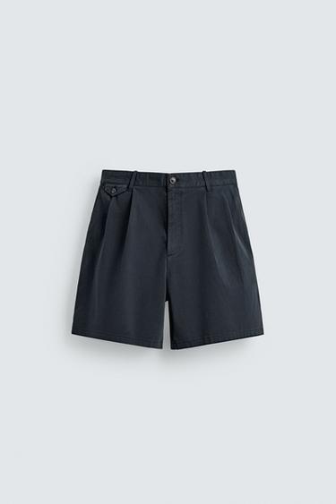 Zara 打褶合身斜紋棉短褲 - 海藍色