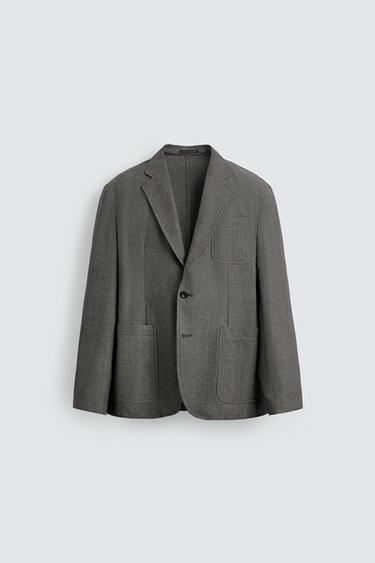 Zara HERRINGBONE TEXTURED BLAZER - Gray green