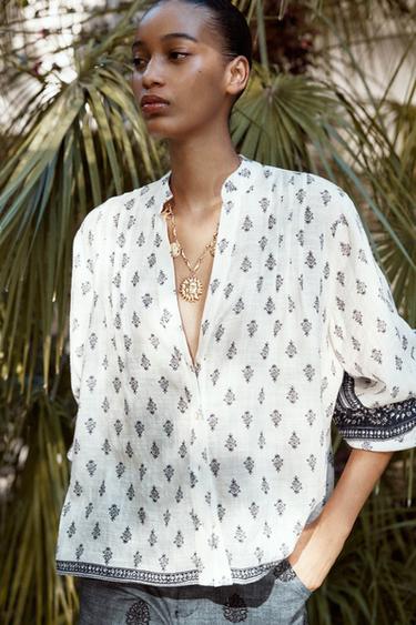 PRINTED BLOUSE WITH PUFF SLEEVES - Ecru / Navy by Zara - Image 4