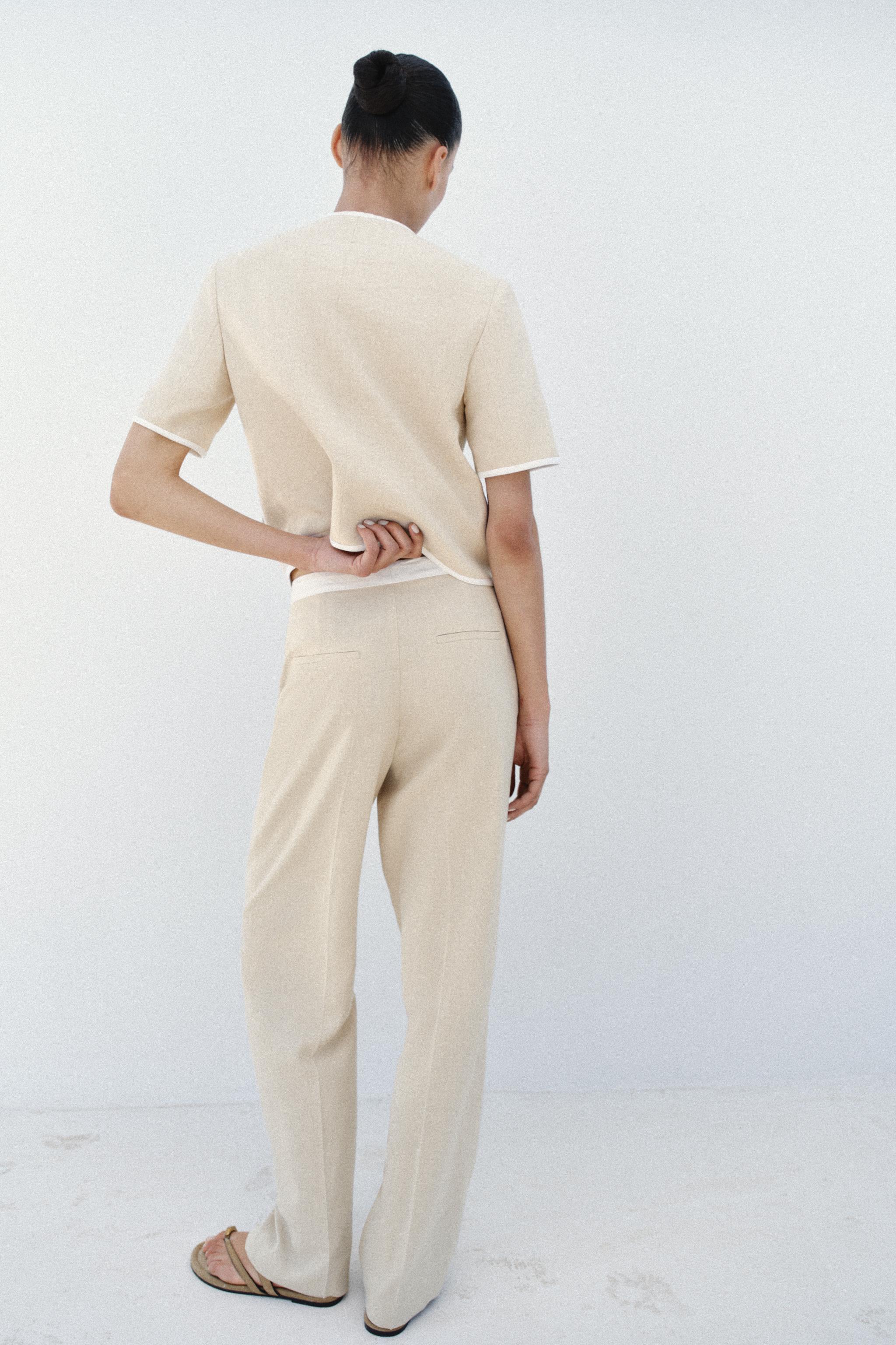 STRAIGHT LEG LINEN PANTS WITH CONTRAST WAIST