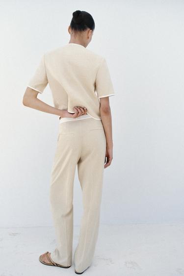 STRAIGHT-LEG LINEN BLEND TROUSERS WITH CONTRAST WAIST - Light beige by Zara - Image 5