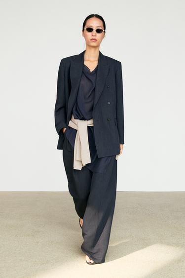 Zara Melange linen blend double-breasted blazer - Navy blue - Image 0