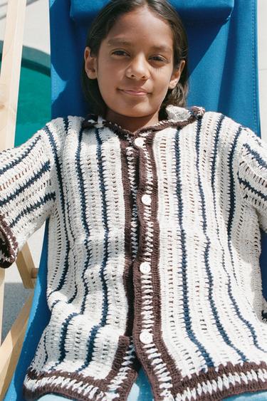 Zara STRIPED CROCHET KNIT OVERSHIRT - Navy blue