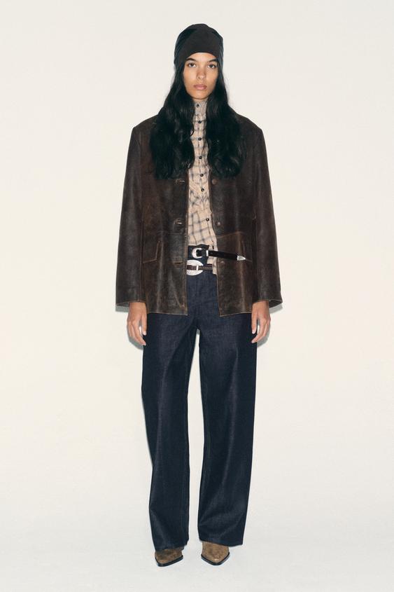 100% DISTRESSED LEATHER JACKET - Brown by Zara - Image 0