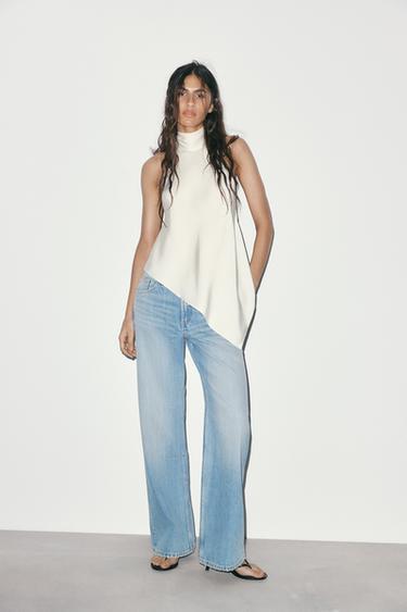 Zara SATIN EFFECT HALTER TOP - Oyster-white