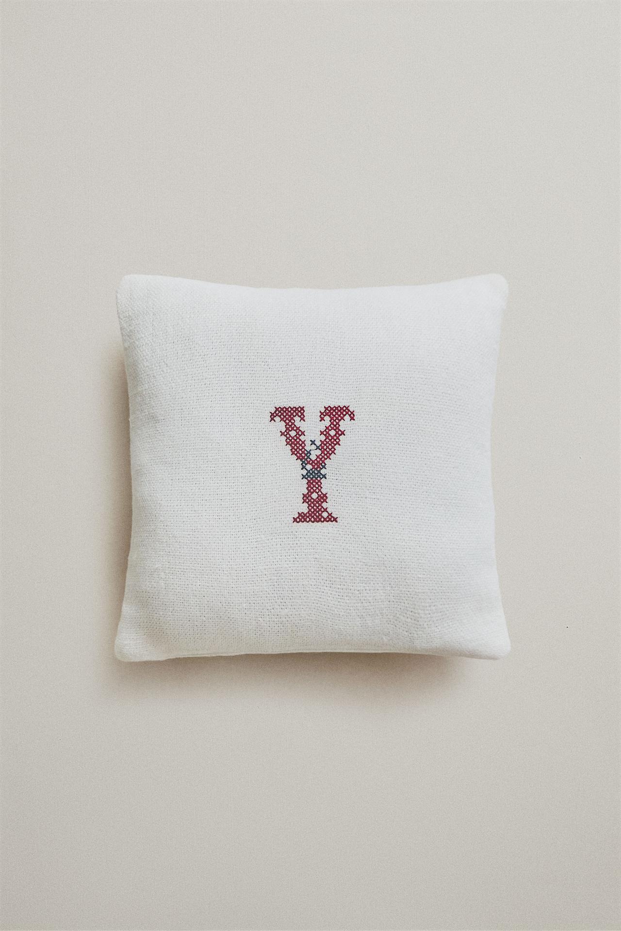 LETTER Y EMBROIDERED LINEN CUSHION — Ecru