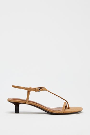 Zara SUEDE KITTEN HEEL SANDALS - Brown