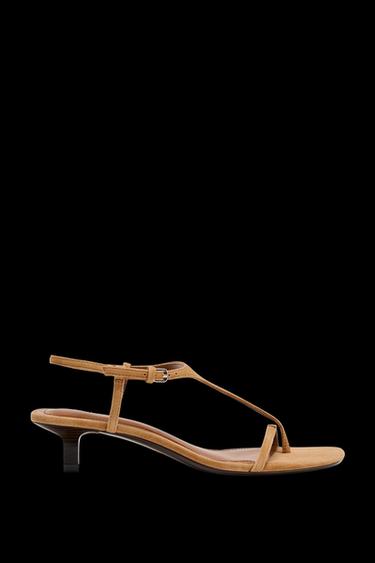 SUEDE KITTEN HEEL SANDALS - Brown by Zara - Image 0