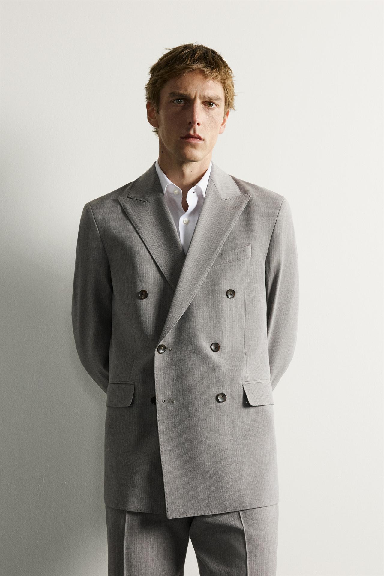 STRIPED DOUBLE BREASTED SUIT BLAZER — Gray marl