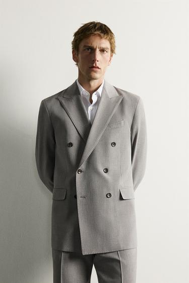 Zara STRIPED DOUBLE BREASTED SUIT BLAZER - Gray marl