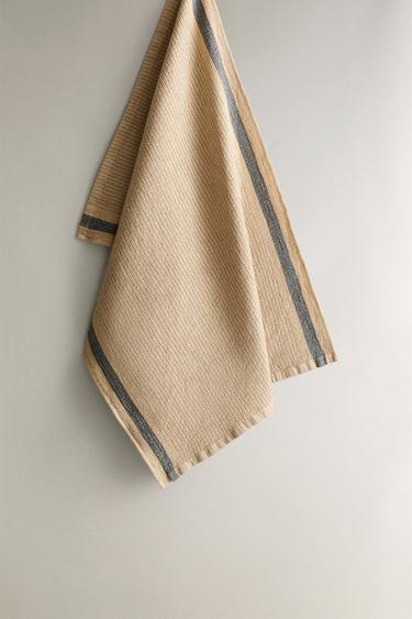 WAFFLE-KNIT TEA TOWEL WITH STRIPE - Yellow by Zara - Image 0