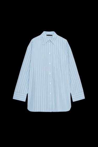 Zara OVERSIZED STRIPED POPLIN SHIRT - Blue / Navy