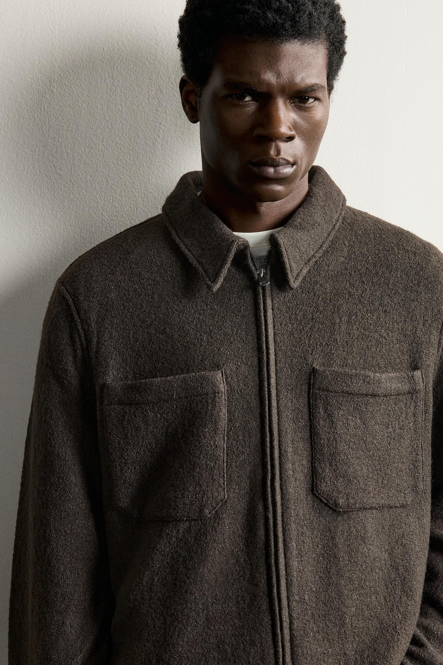 Мужская рубашка Zara Viscose-Wool Blend Textured Overshirt, цвет: Тёмный коричневый — фото 5