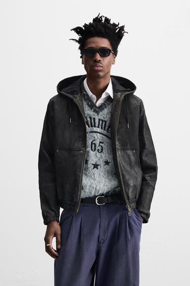 LEATHER HOODED JACKET - Brown by Zara