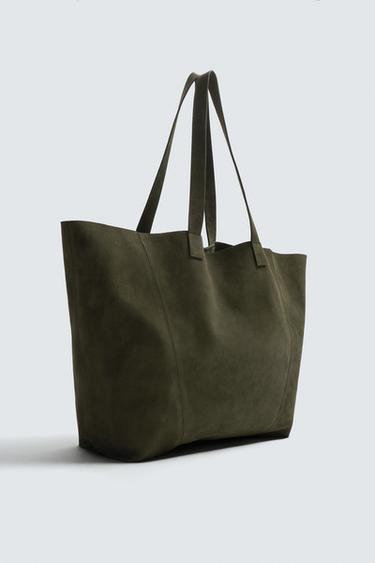 LEATHER TOTE BAG - Khaki Green by Zara - Image 3