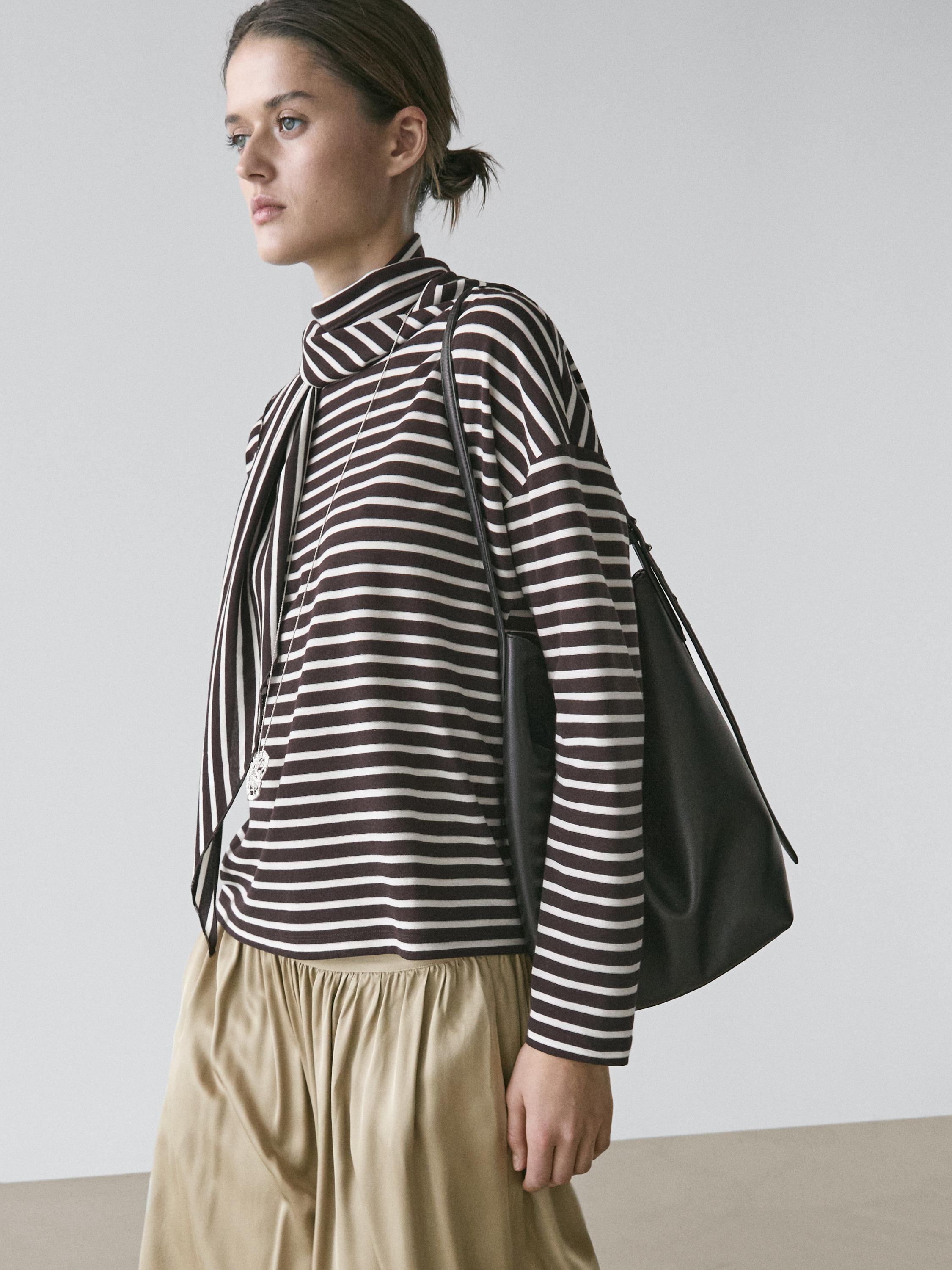 Cotton blend striped T-shirt with scarf detail