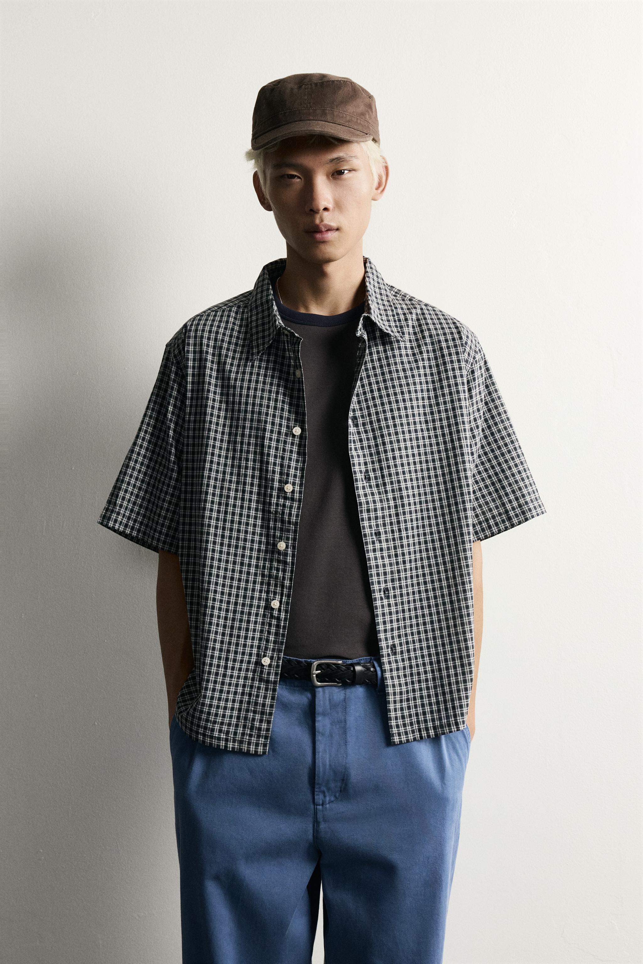 RELAXED FIT JACQUARD CHECK SHIRT — Blue