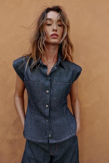 LINEN BLEND PEPLUM SHIRT WITH SHOULDER PADS - Indigo by Zara