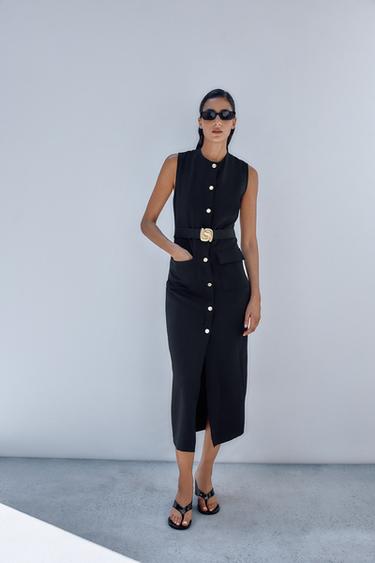 Zara BELTED CREPE MIDI DRESS - Black - Image 0