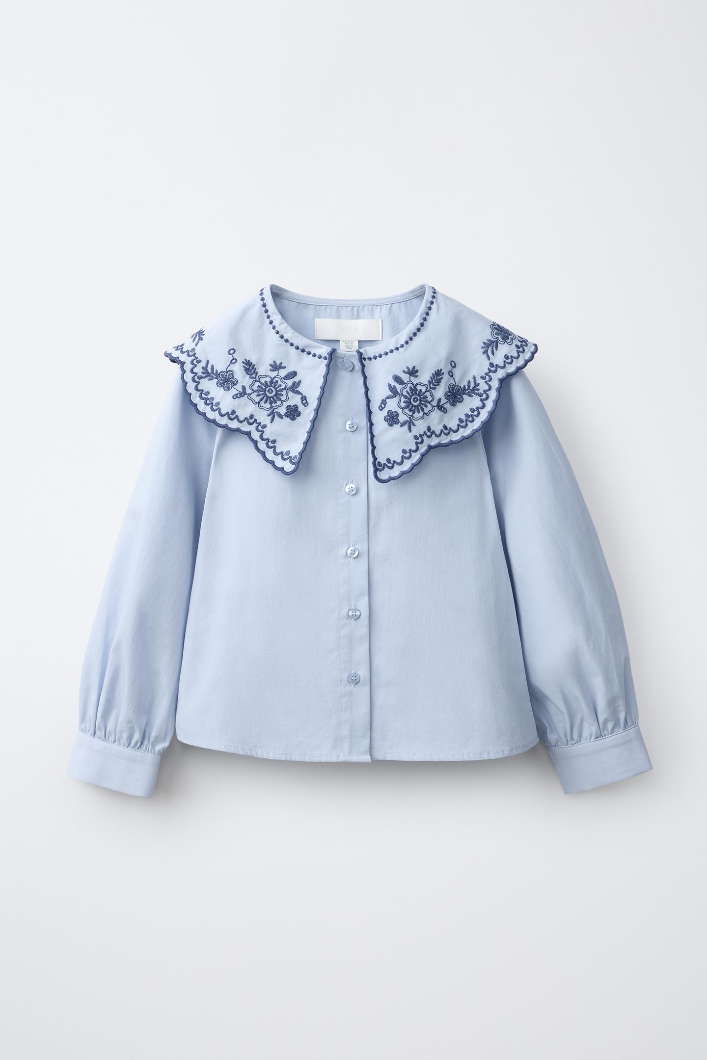 Детская рубашка Zara Embroidered Peter Pan Collar, цвет: Светлый синий — фото 1