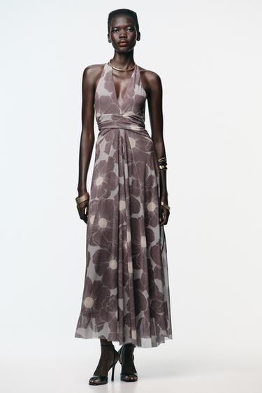 ДЛИННОЕ ПЛАТЬЕ ИЗ ТЮЛЯ С ПРИНТОМ И ВЫРЕЗАМИ — СЕРО-КОРИЧНЕВЫЙ от Zara