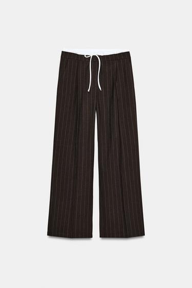 Zara WIDE LEG DOUBLE WAISTBAND PANTS - Brown