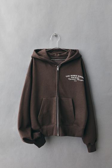 Zara TEXT ZIP-UP HOODIE - Brown
