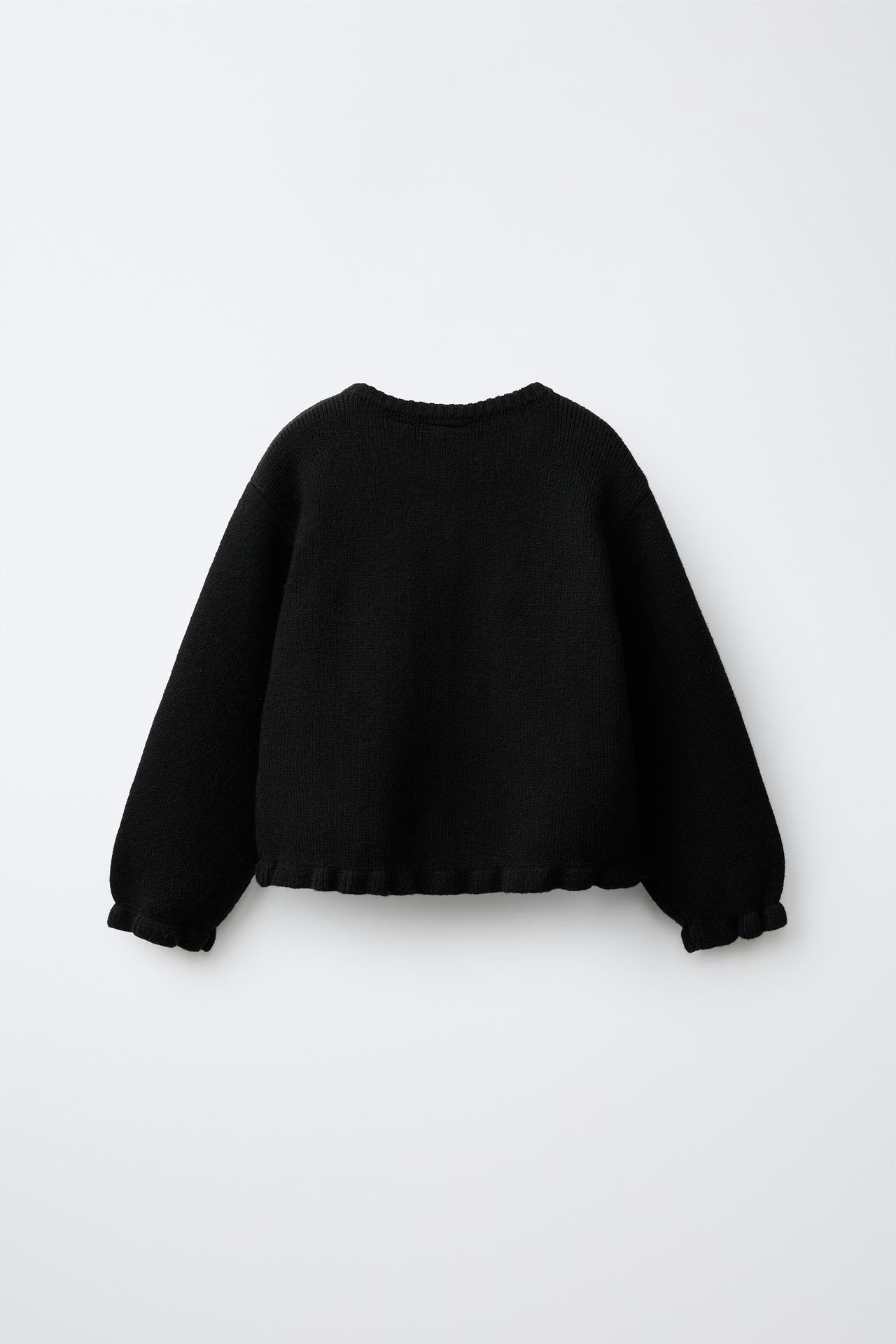 RUFFLED KNIT CARDIGAN — Black