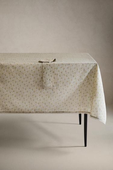 WILDFLOWER TABLECLOTH WITH LACE TRIM - Taupe grey by Zara