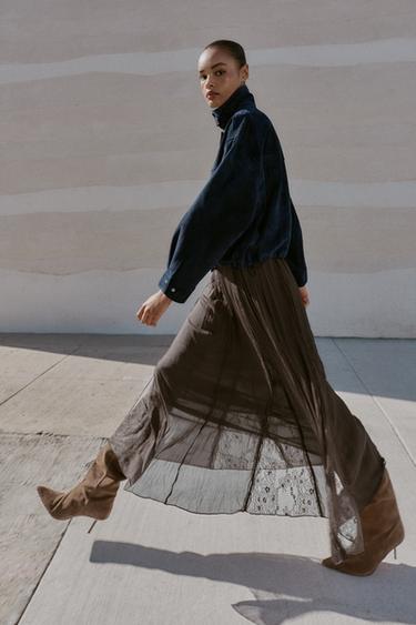 FALDA ENCAJE GODETS - Marrón oscuro de Zara