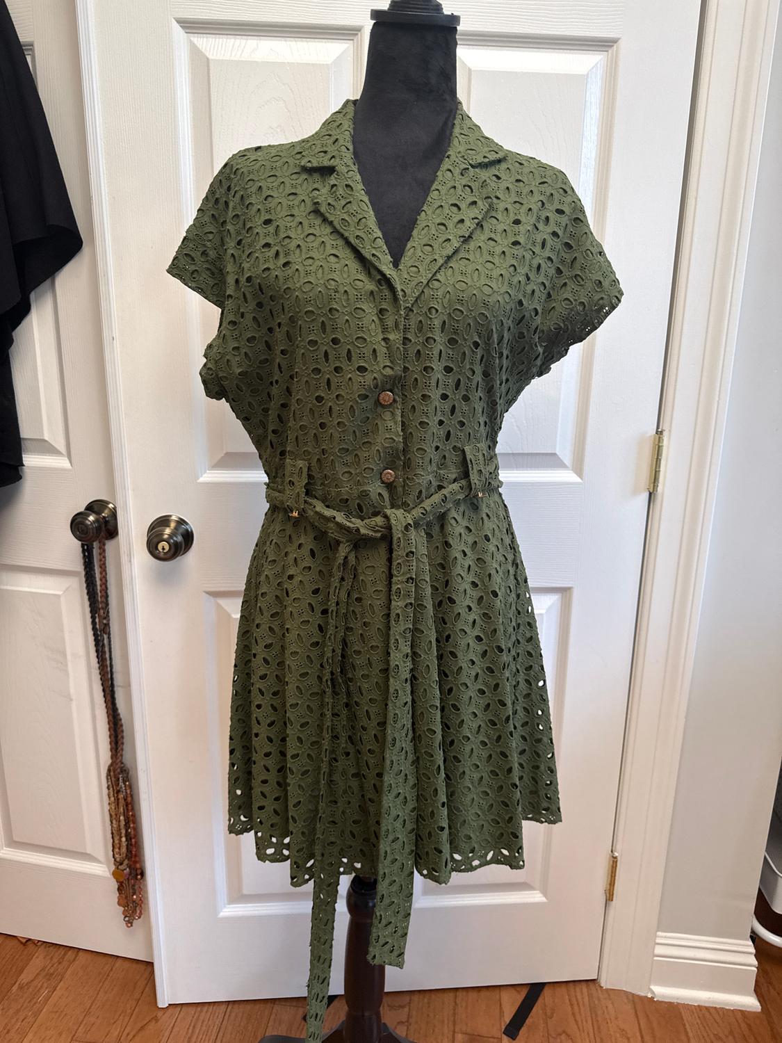 Olive green lace dress with buttons and a belt, displayed on a mannequin in front of a white door.