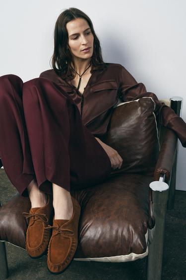 SOFT SPLIT SUEDE LACE-UP MOCCASINS - Brown by Zara - Image 1