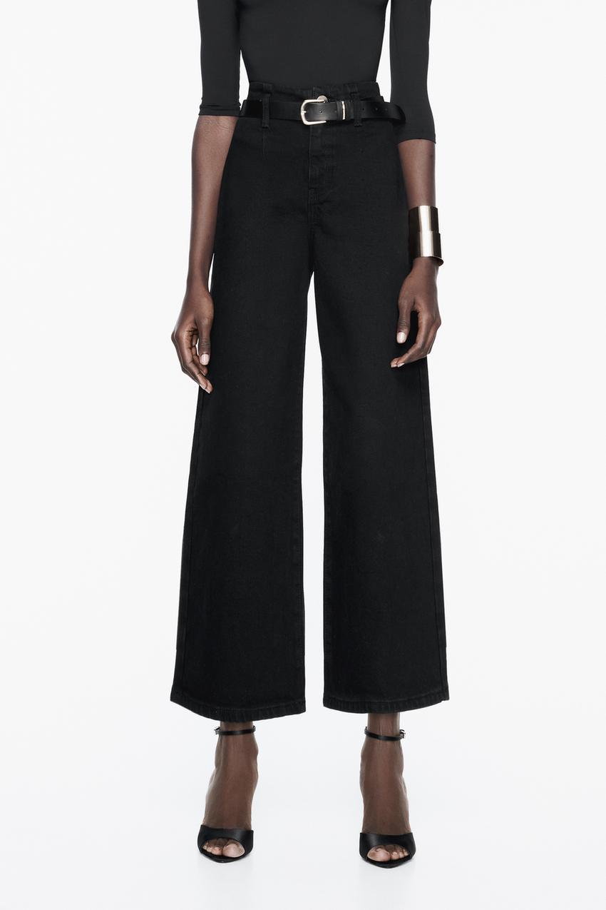 Z1975 BELTED HIGH RISE CROPPED WIDE LEG JEANS - Black