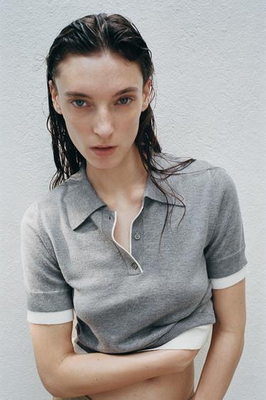 TOP POLO EN MAILLE EN MATIÈRES VARIÉES - Gris clair de Zara - Image 1