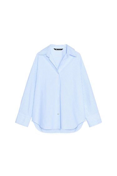 Front view of a blue and white striped shirt with collar and buttons.