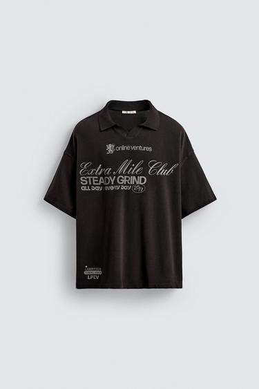 WASHED SLOGAN PRINT POLO SHIRT - charcoal grey by Zara - Image 6