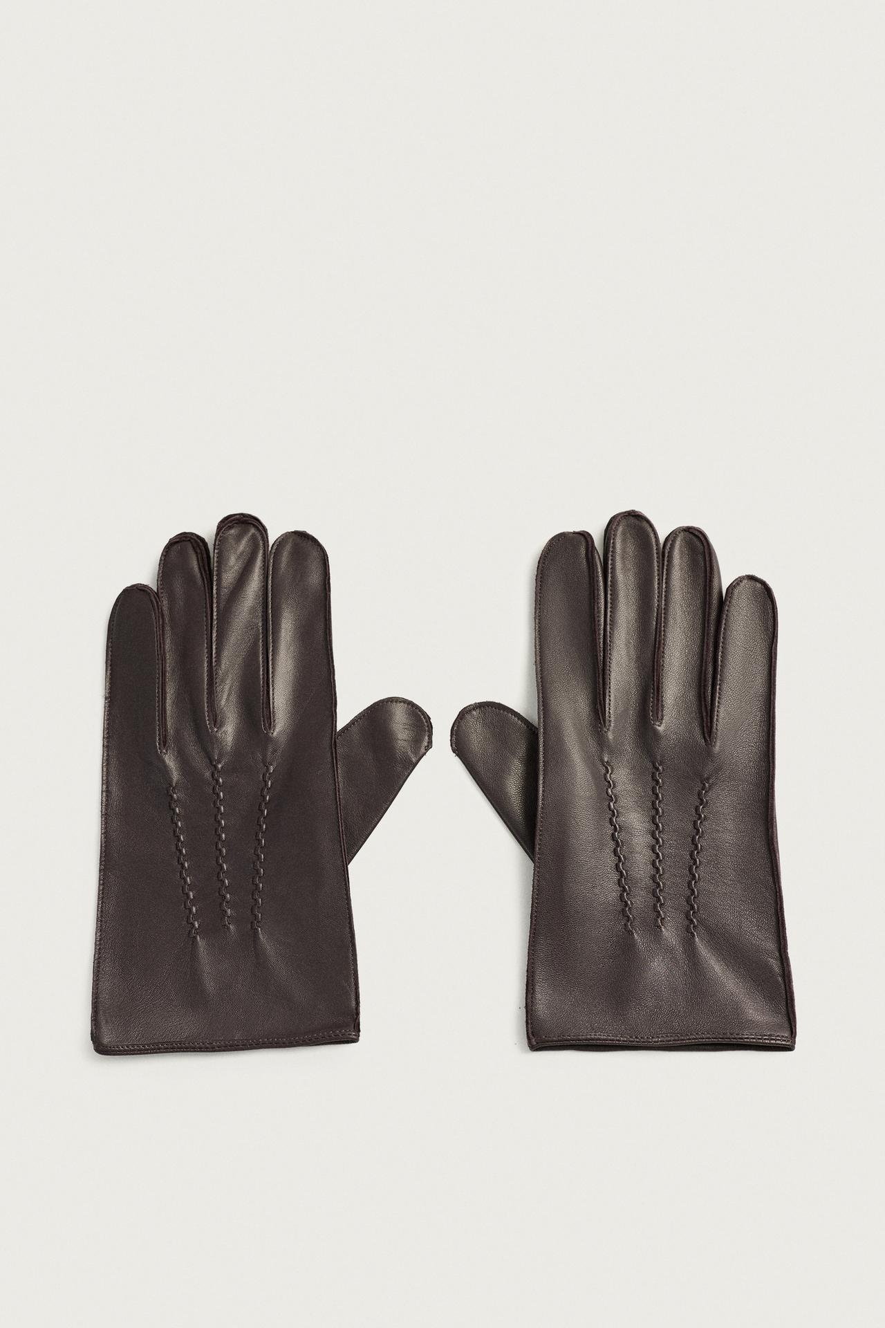 LEATHER GLOVES WITH TOPSTITCHING — Dark plum