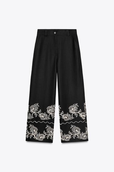 PANTALÓN CULOTTE BORDADOS MEZCLA LINO ZW COLLECTION - Negro de Zara