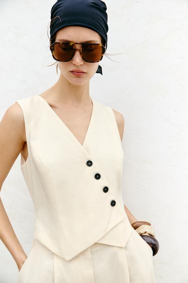 LINEN BLEND WAISTCOAT JUMPSUIT - Ecru by Zara - Image 1