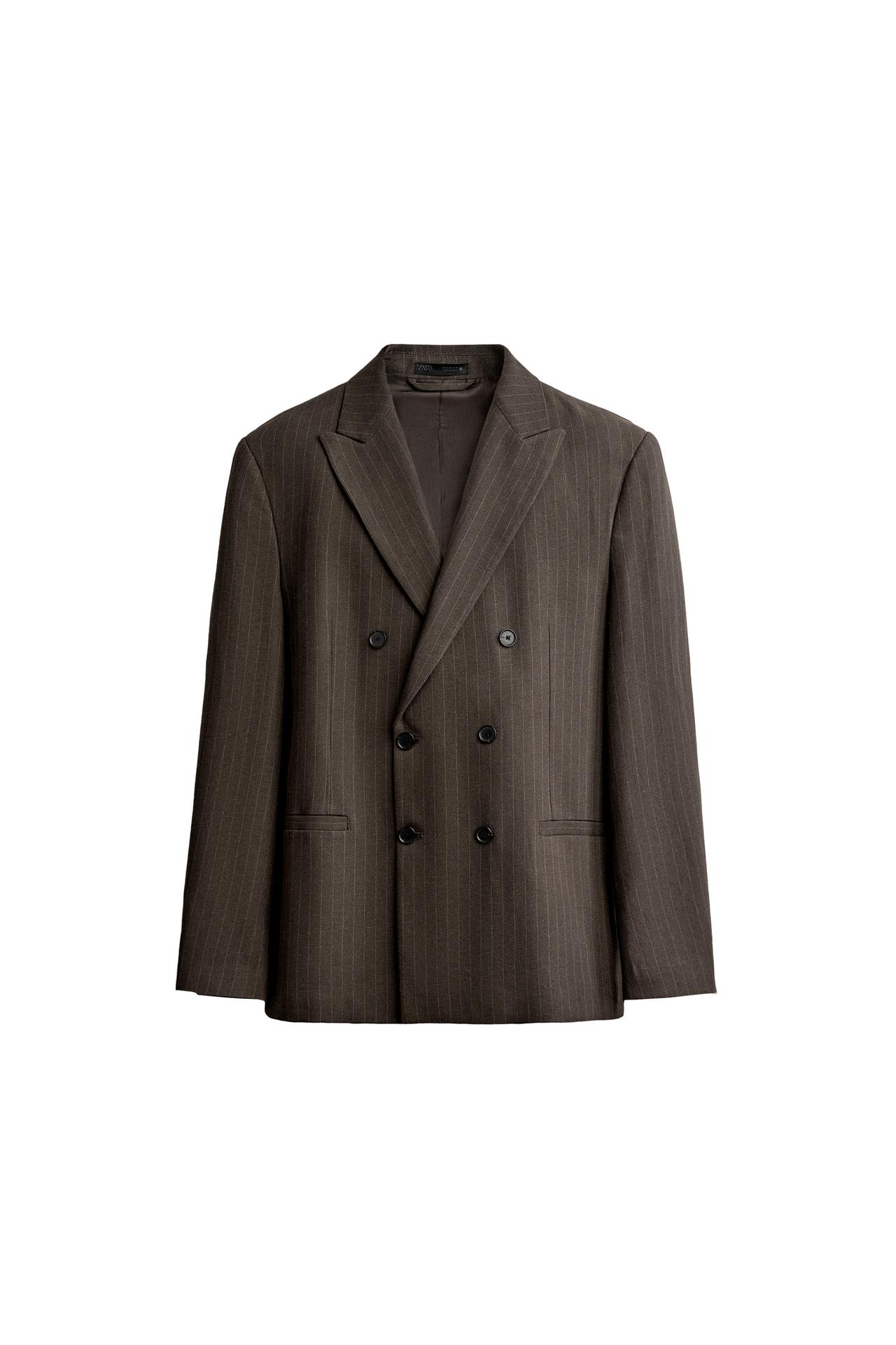 DOUBLE-BREASTED PINSTRIPE SUIT BLAZER