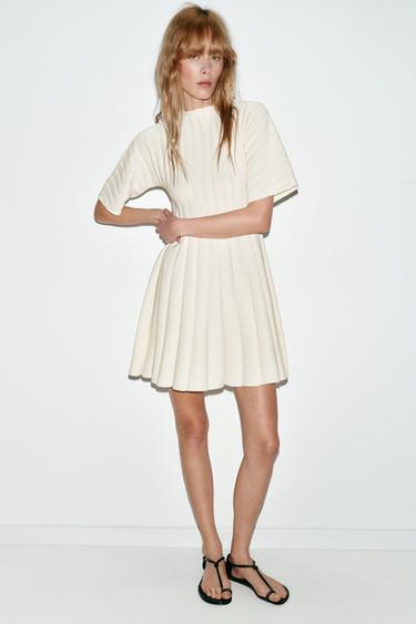 Zara SHORT RIB KNIT BALLOON SLEEVE DRESS - Ecru